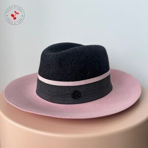 Maison Michel Henrietta Colorblock Fedora in Dark Gray Rabbit Fur and Pink Felt